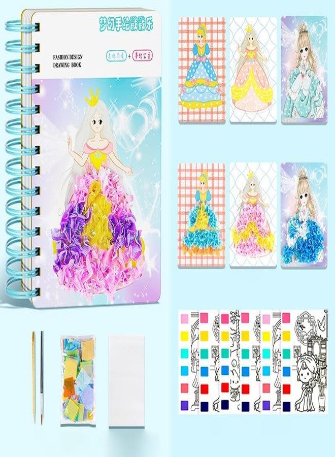 FOMQUAZLI كتاب رسم وتصميم أزياء للبنات من FOMQUAZLI، لوحة ألغاز إبداعية، كتاب تلوين وتلبيس أميرات مع ملصقات وألوان مائية، ملصقات، أدوات وخز، مجموعة أدوات يدوية للبنات من عمر 3 سنوات فما فوق - Image 1